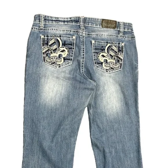 Soundgirl Jeans Juniors 17 Blue Bootcut Studs Bling Thick Stitch Fluer De Lis - Picture 8 of 16